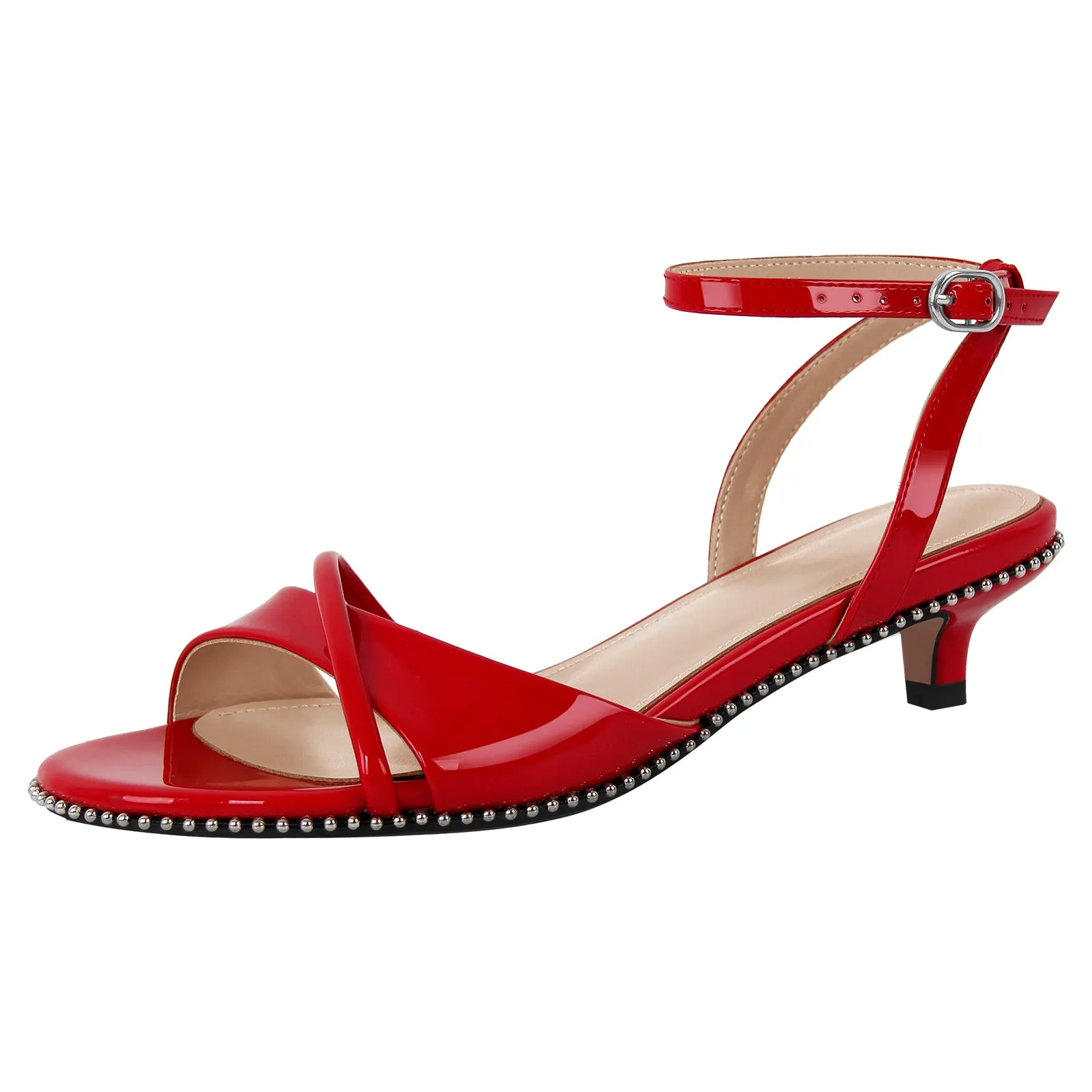 Rivet Kitten Heel Ankle Strap Sandals