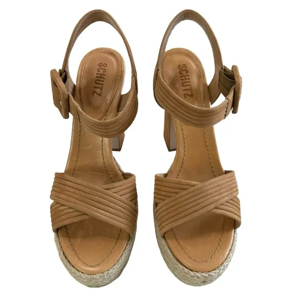 Schutz Blisse Nubuck Platform Sandals in Nude Caramel Size 8.5B