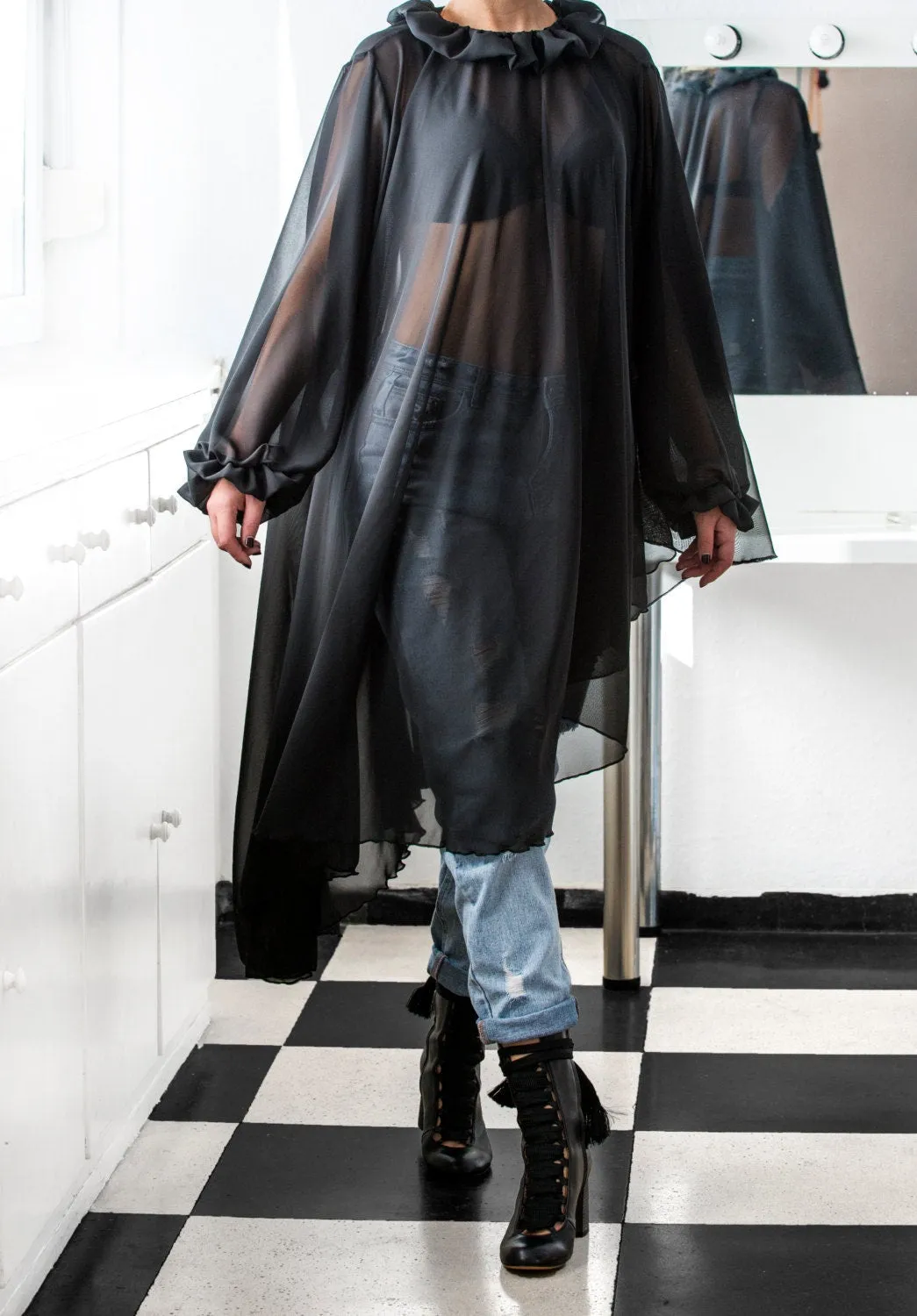 Sheer Tunic, Futuristic Clothing, Asymmetric Tunic, Gothic Clothing, Black Tunic Dress, See Through Tunic, Long Sleeve Tunic, Grunge Dress