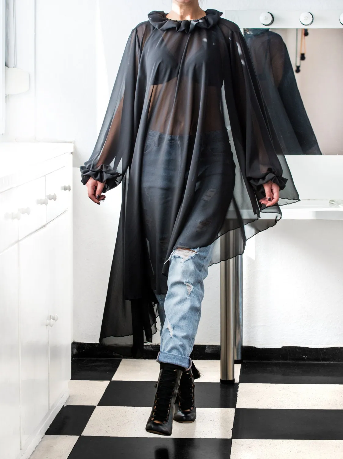 Sheer Tunic, Futuristic Clothing, Asymmetric Tunic, Gothic Clothing, Black Tunic Dress, See Through Tunic, Long Sleeve Tunic, Grunge Dress