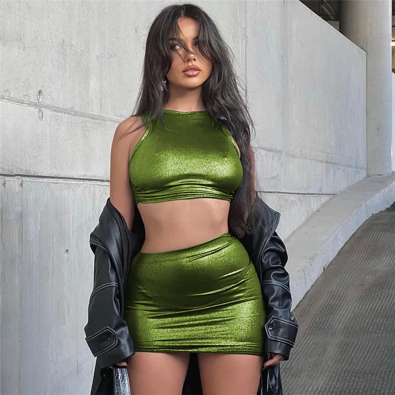 Shimmering Metallic Sleeveless Crop Top and Bodycon Mini Skirt Set