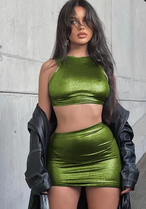 Shimmering Metallic Sleeveless Crop Top and Bodycon Mini Skirt Set