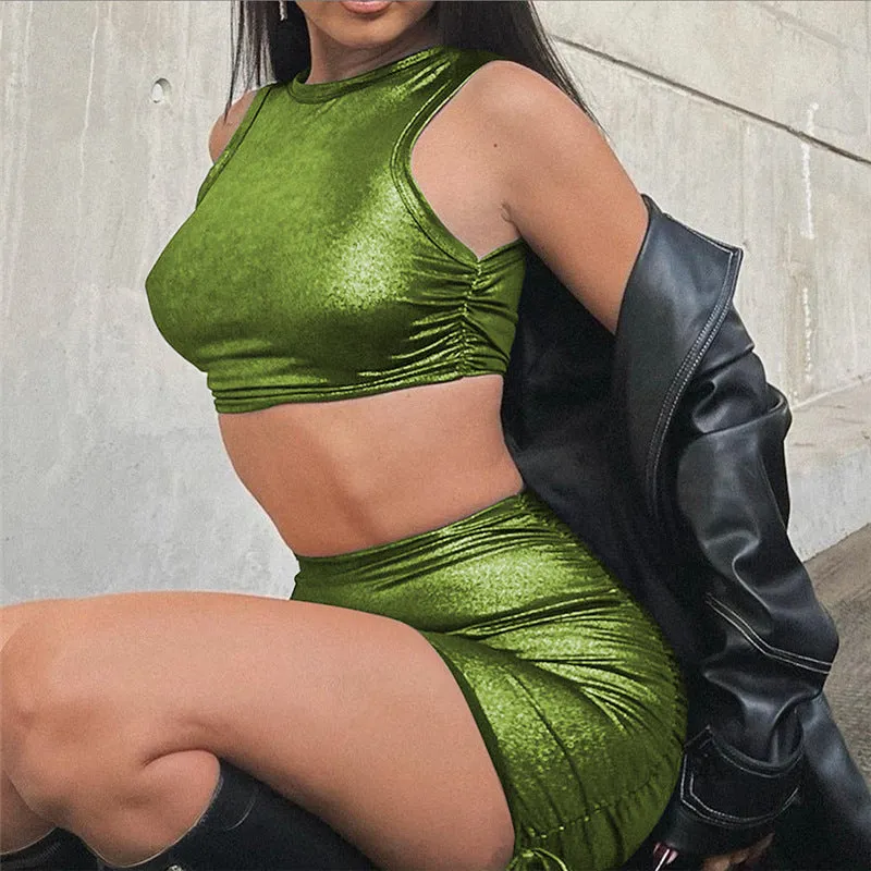 Shimmering Metallic Sleeveless Crop Top and Bodycon Mini Skirt Set