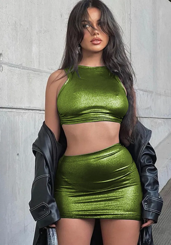 Shimmering Metallic Sleeveless Crop Top and Bodycon Mini Skirt Set