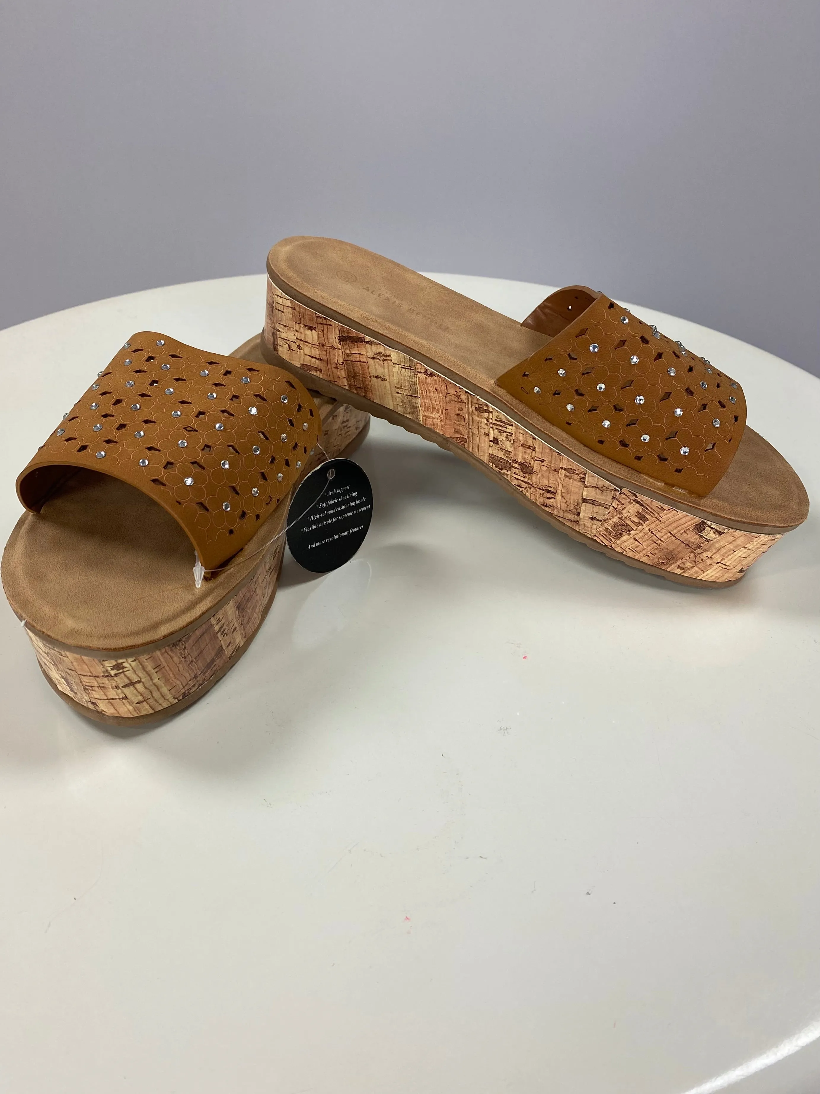SHOES {Alexis Bendel} Tan Wide Strap Platform Sandals w/Sequins