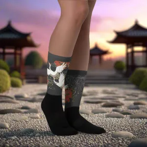 Silk Road Asian Inspired White Crane Design Socks