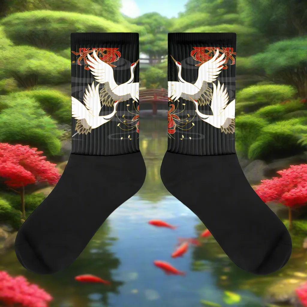 Silk Road Asian Inspired White Crane Design Socks
