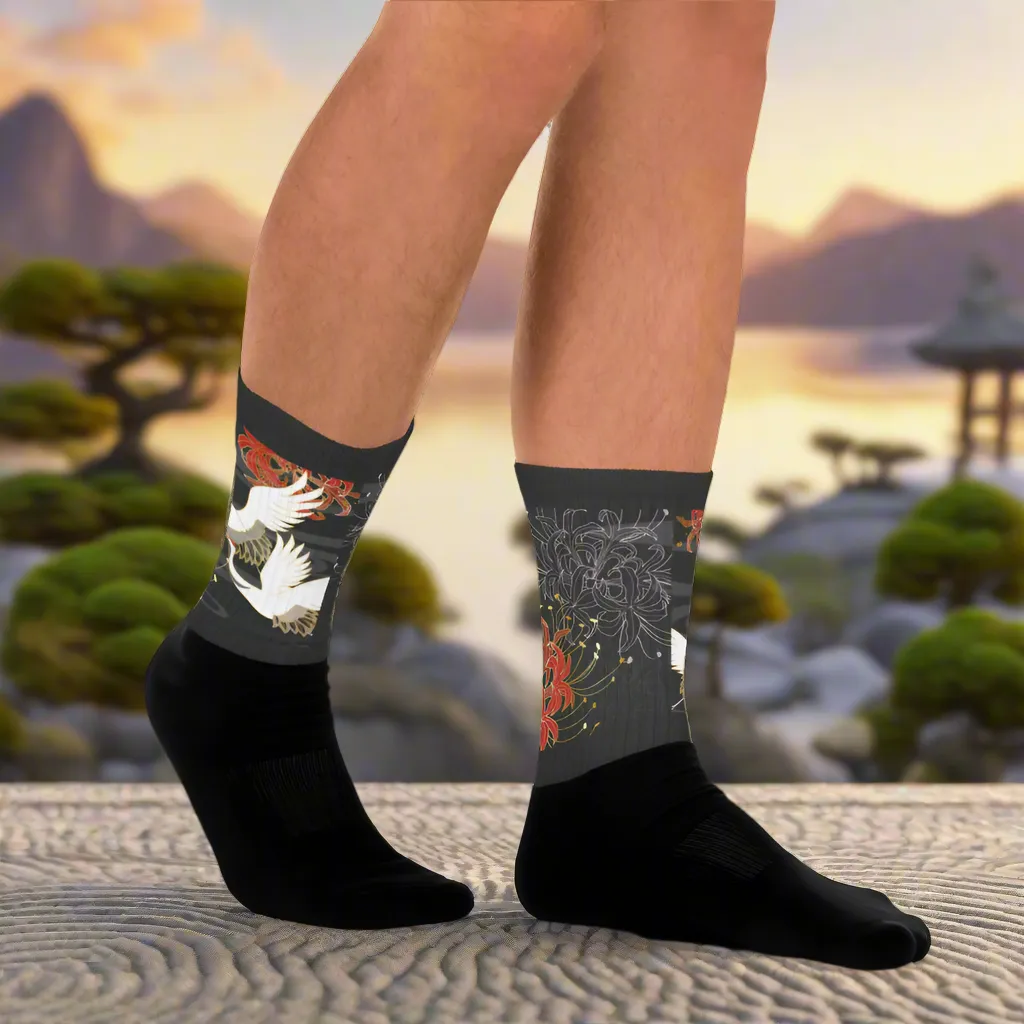 Silk Road Asian Inspired White Crane Design Socks
