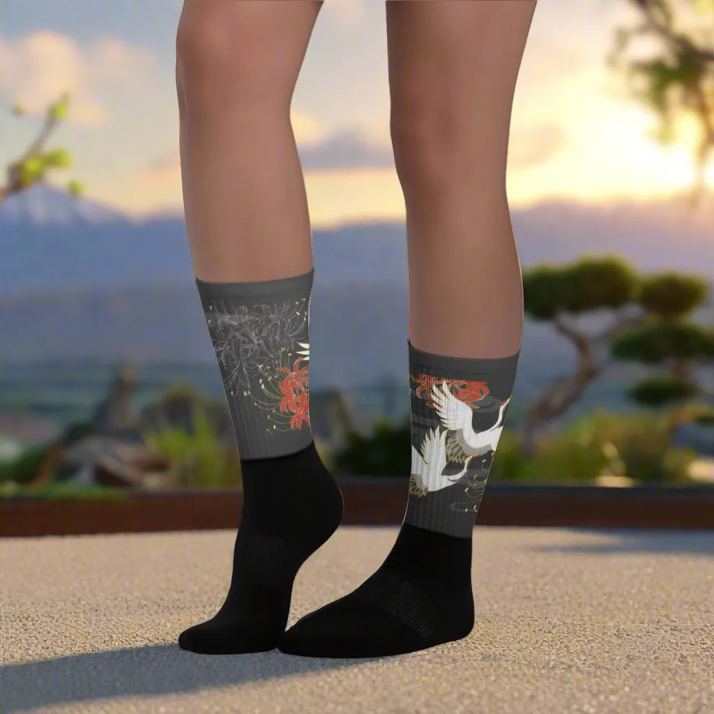Silk Road Asian Inspired White Crane Design Socks