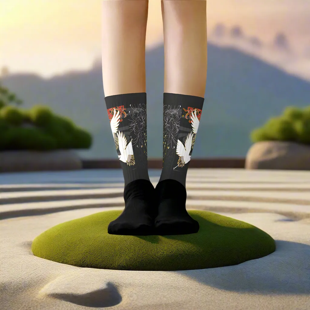 Silk Road Asian Inspired White Crane Design Socks