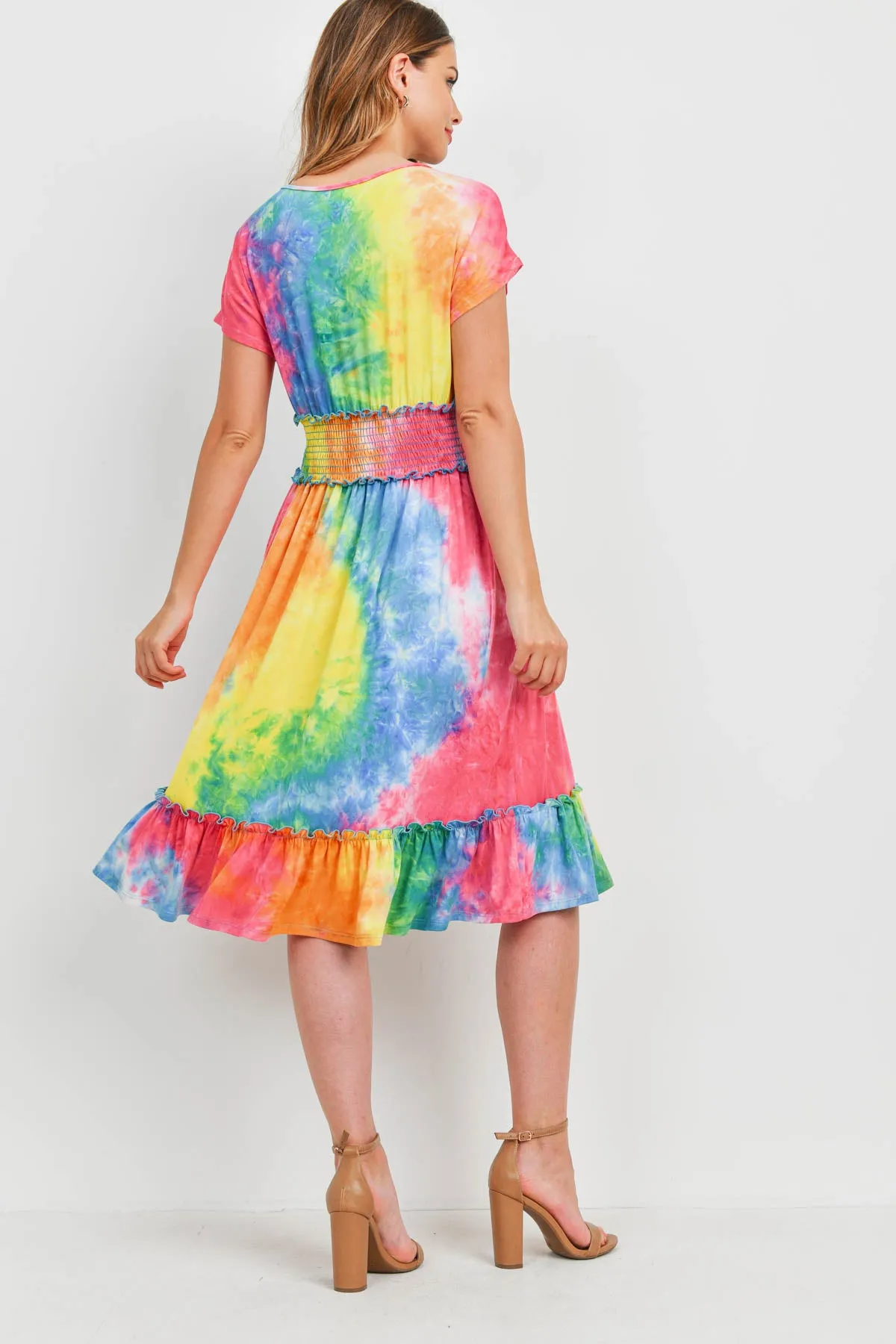 Smocked Waist Ribbon Detail Neckline Tie Dye Dress