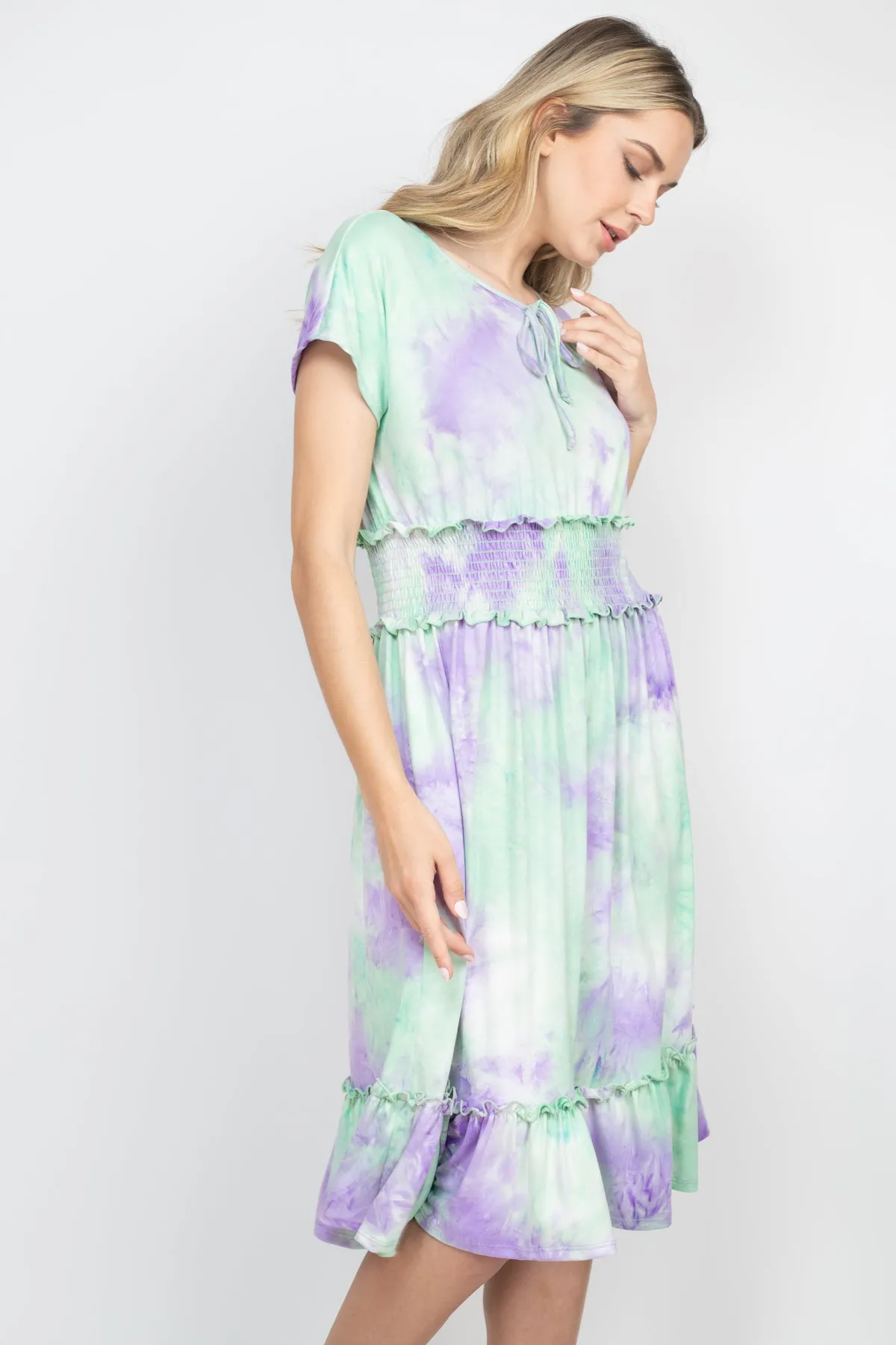 Smocked Waist Ribbon Detail Neckline Tie Dye Dress