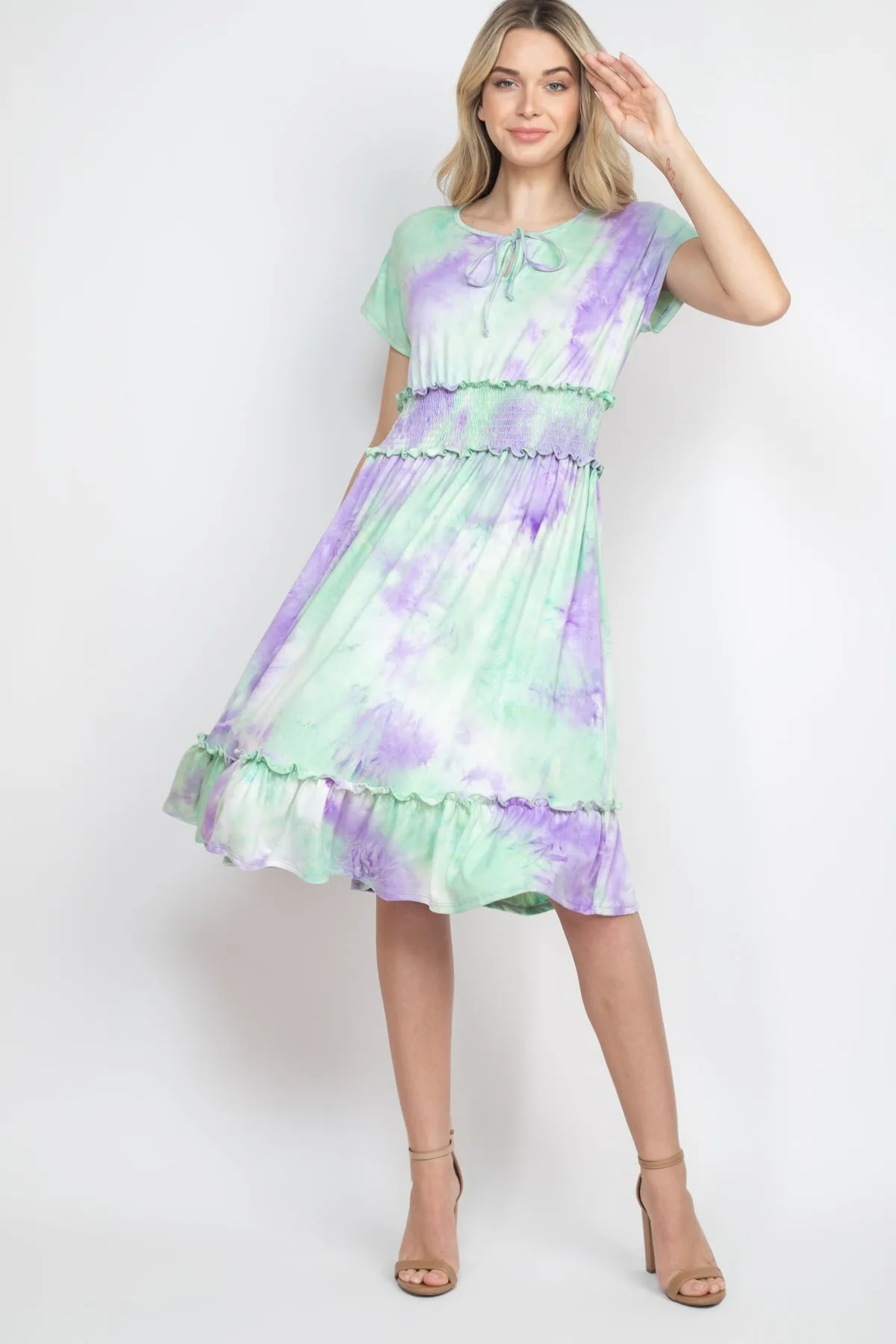 Smocked Waist Ribbon Detail Neckline Tie Dye Dress