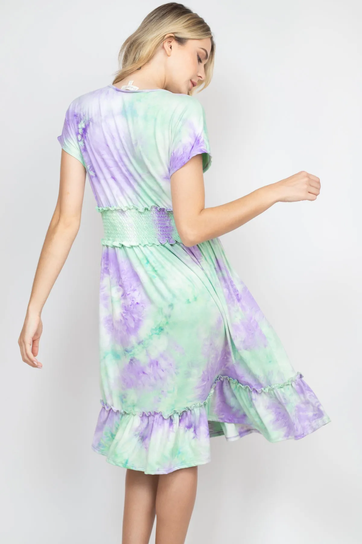 Smocked Waist Ribbon Detail Neckline Tie Dye Dress