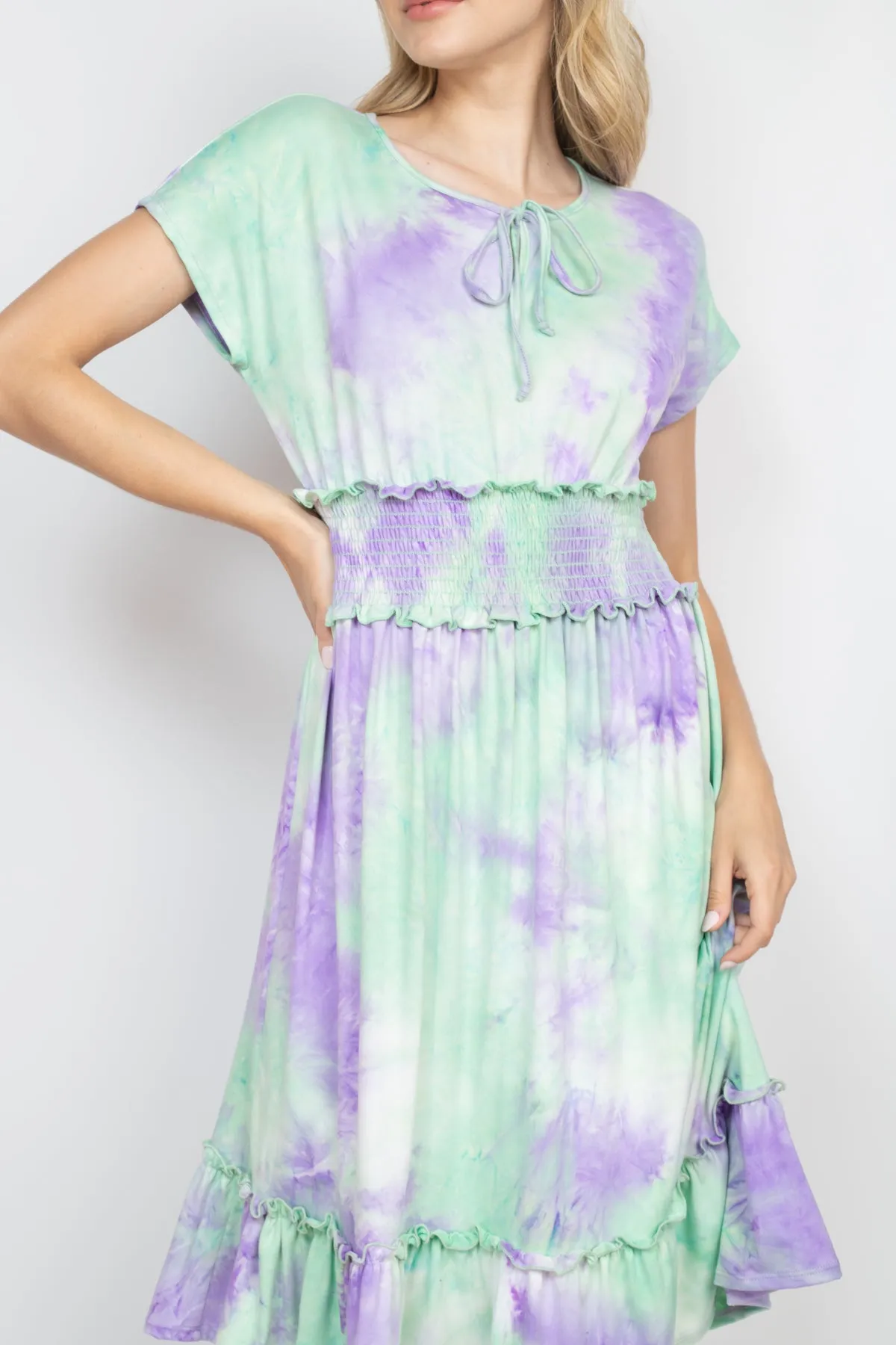 Smocked Waist Ribbon Detail Neckline Tie Dye Dress