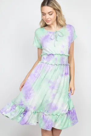 Smocked Waist Ribbon Detail Neckline Tie Dye Dress
