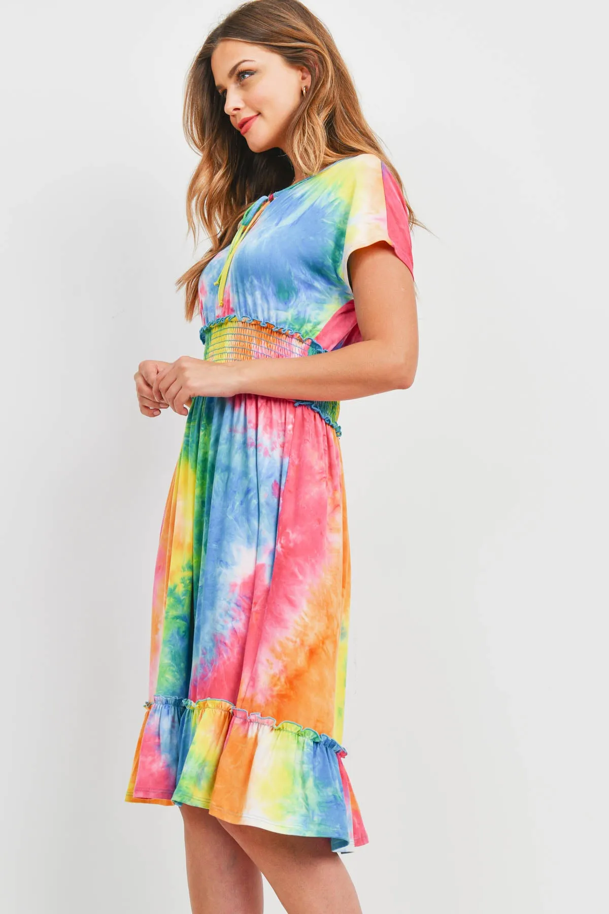 Smocked Waist Ribbon Detail Neckline Tie Dye Dress