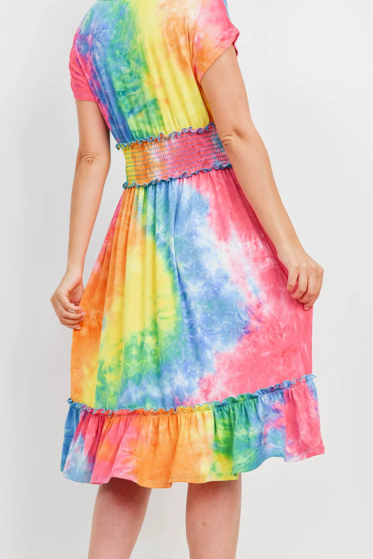 Smocked Waist Ribbon Detail Neckline Tie Dye Dress