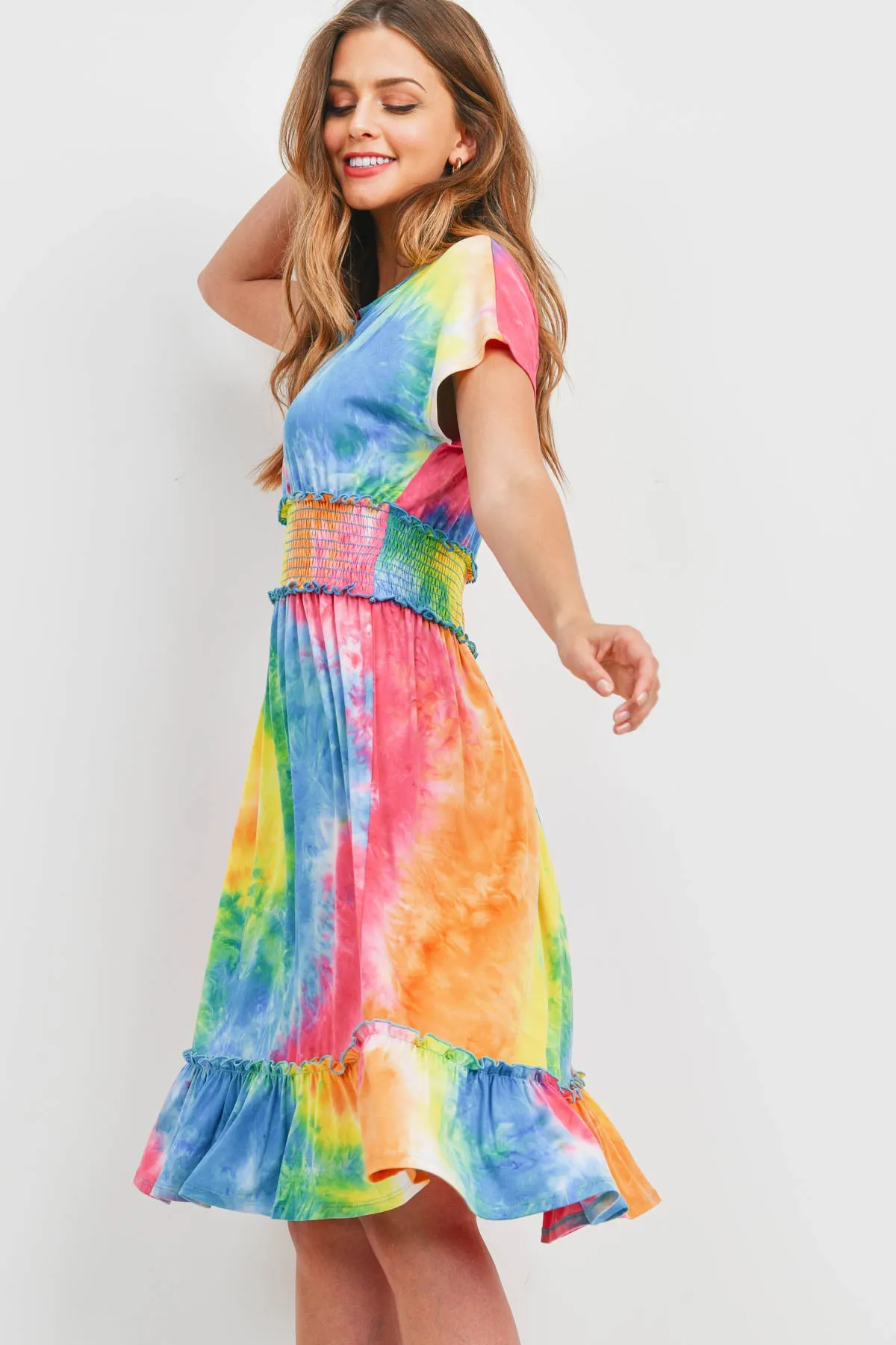 Smocked Waist Ribbon Detail Neckline Tie Dye Dress