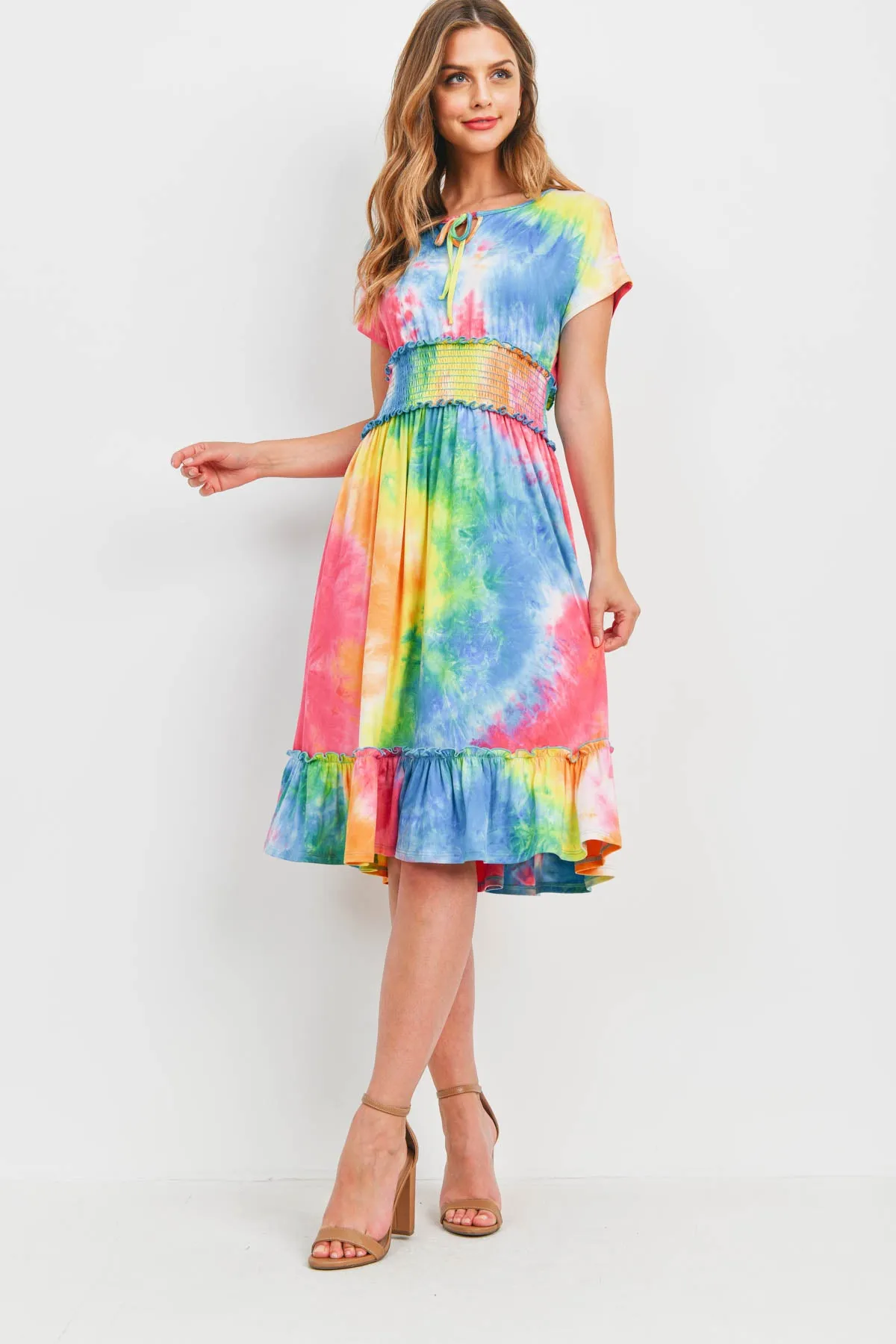 Smocked Waist Ribbon Detail Neckline Tie Dye Dress