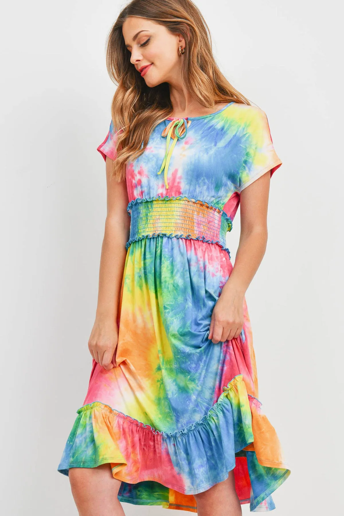 Smocked Waist Ribbon Detail Neckline Tie Dye Dress