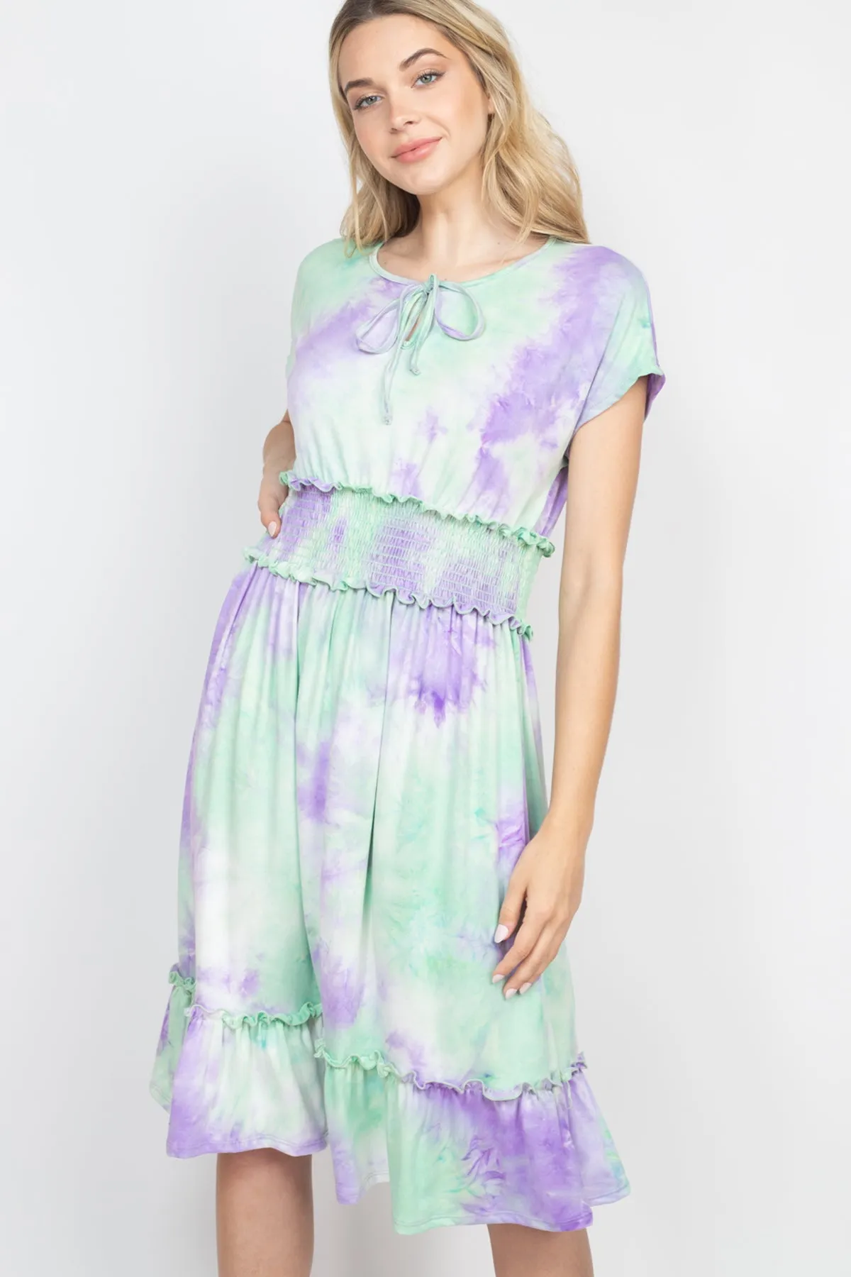 Smocked Waist Ribbon Detail Neckline Tie Dye Dress