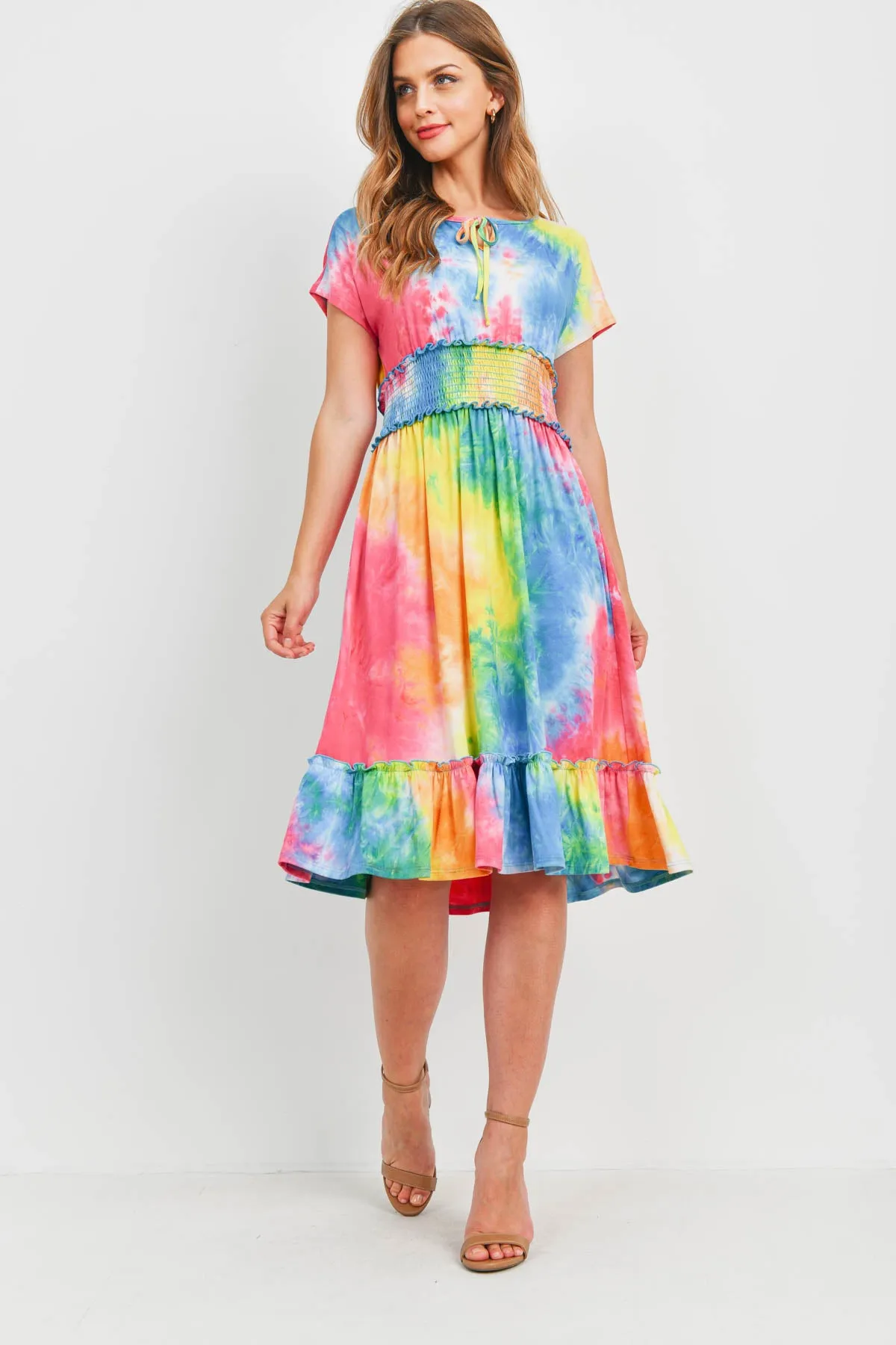 Smocked Waist Ribbon Detail Neckline Tie Dye Dress