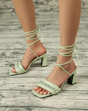 Square Toe Chain Strap Sandals - Green