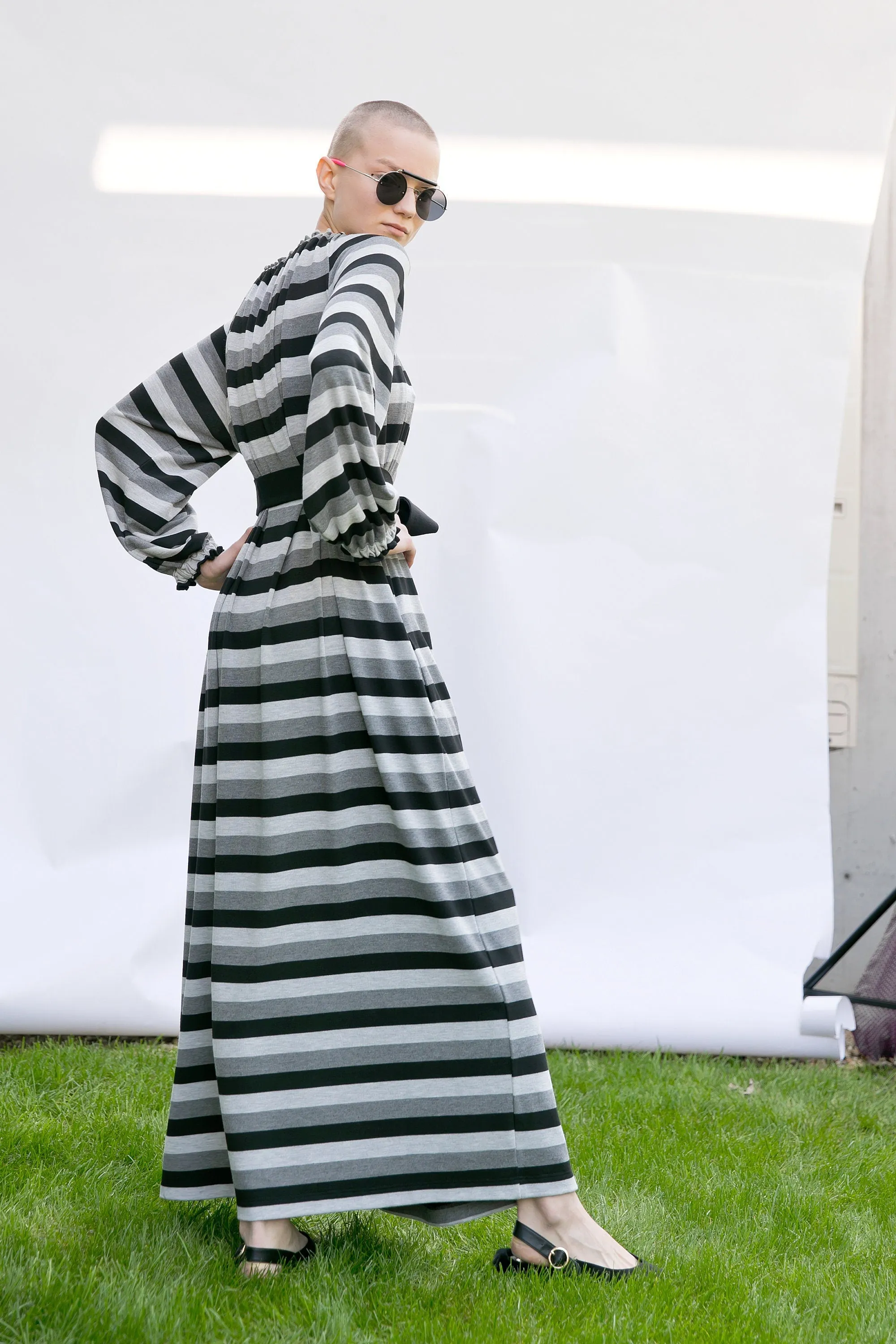 Striped Knitted Dress with Long Sleeves, Plus Size Knit Dress, Winter Dress for Women, Maxi Dress with Stripes, Belted Dress, Long Dress