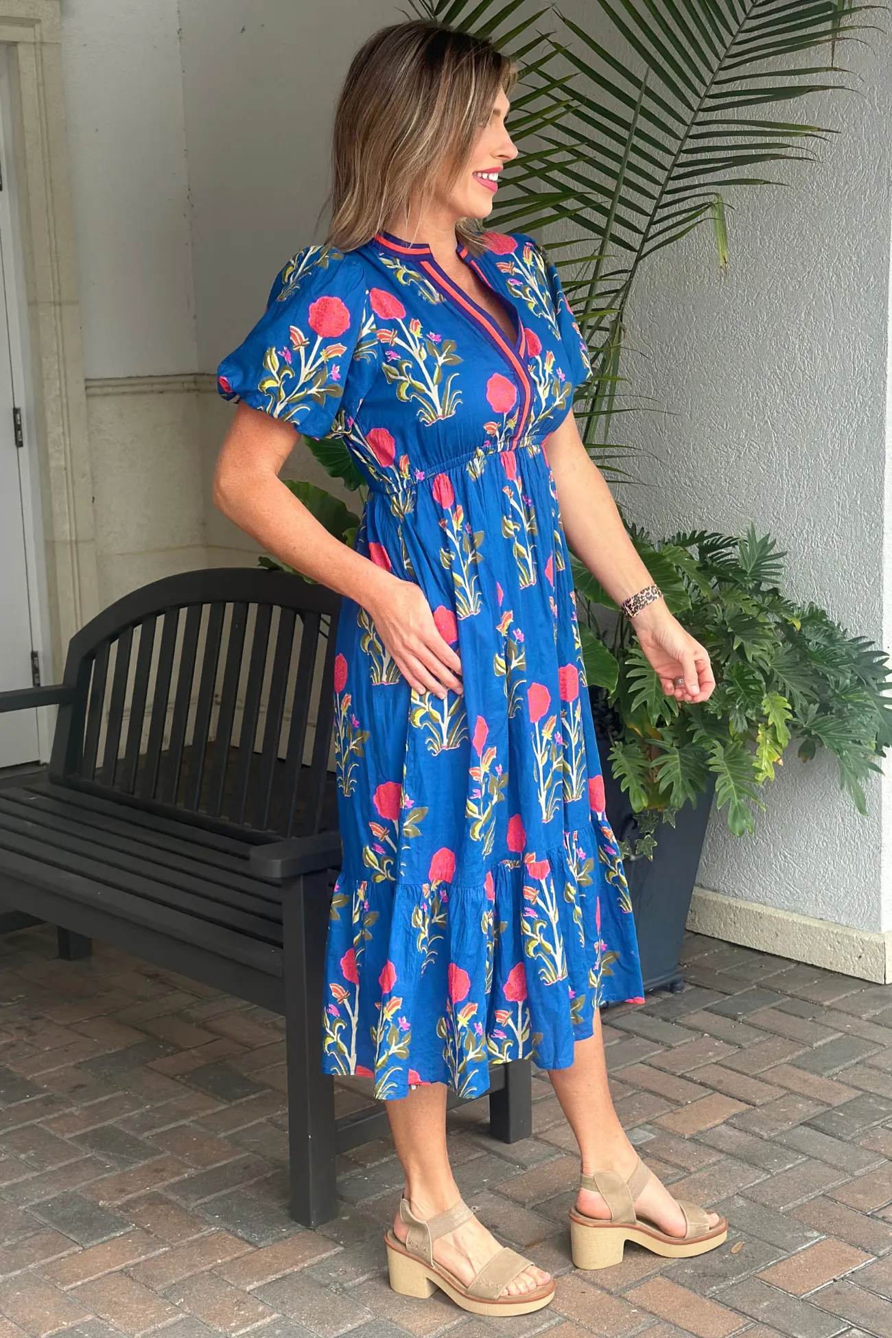 THML Florida Fall Puff Sleeve Flower Print Maxi Dress