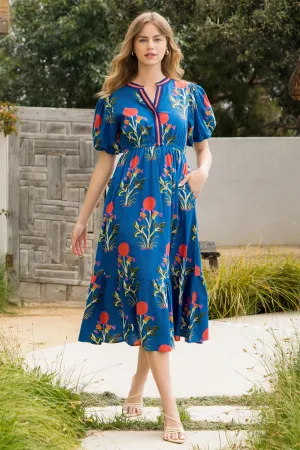 THML Florida Fall Puff Sleeve Flower Print Maxi Dress