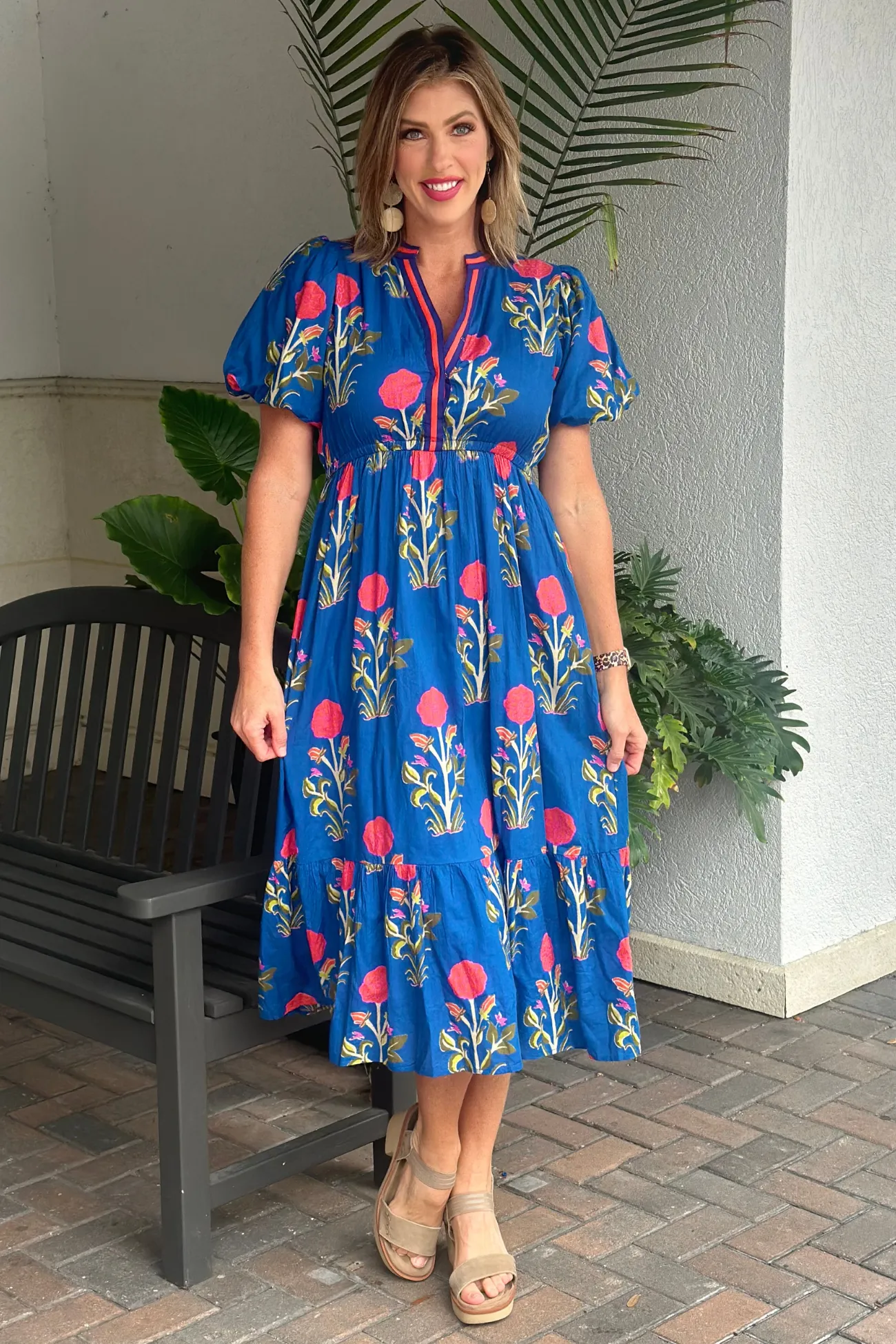THML Florida Fall Puff Sleeve Flower Print Maxi Dress