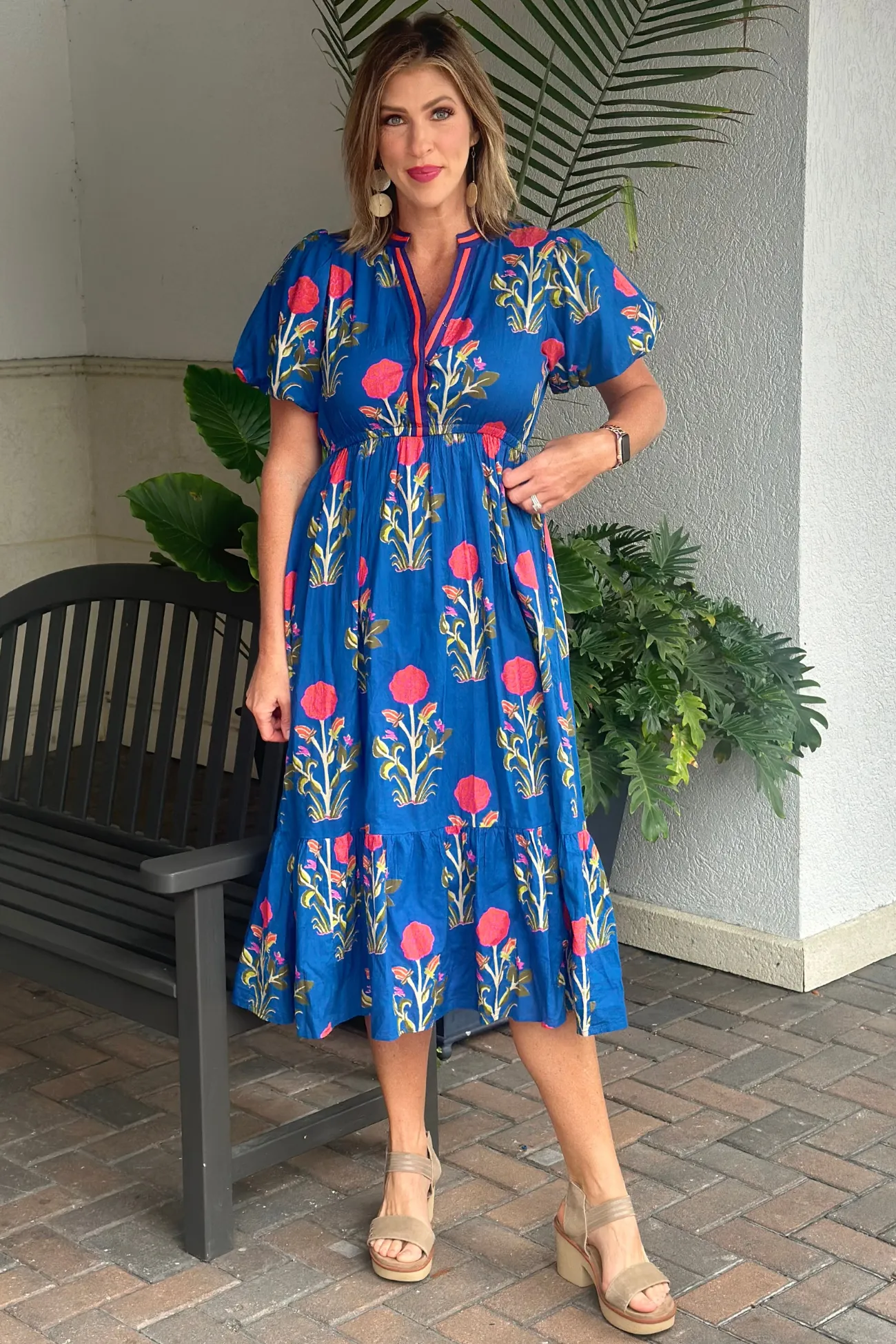 THML Florida Fall Puff Sleeve Flower Print Maxi Dress