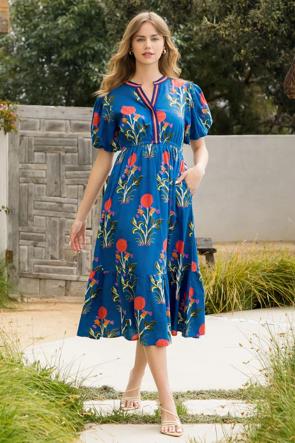 THML Florida Fall Puff Sleeve Flower Print Maxi Dress