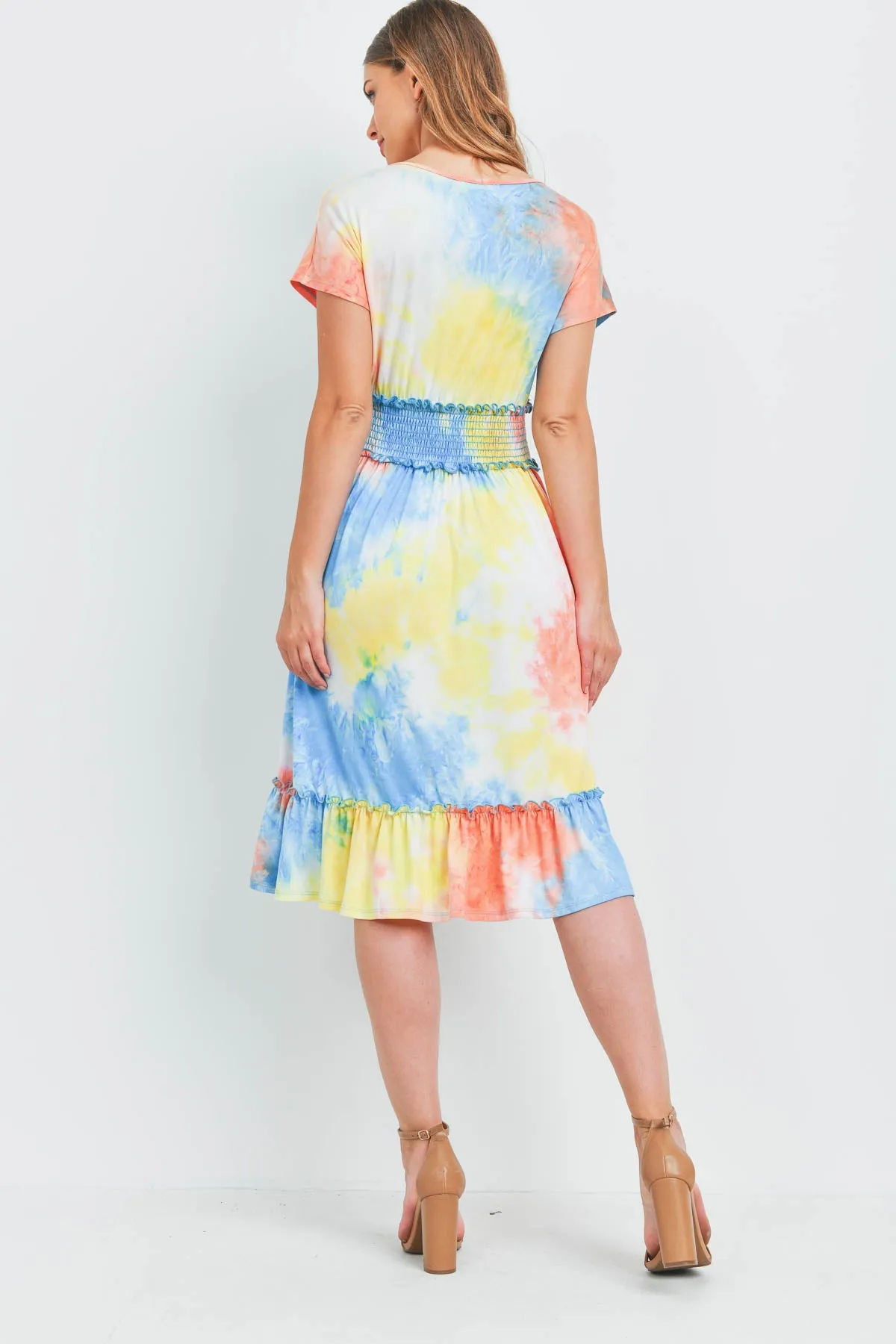 Tie Dye Front Ribbon Smocked Waist Ruffle Hem Dress