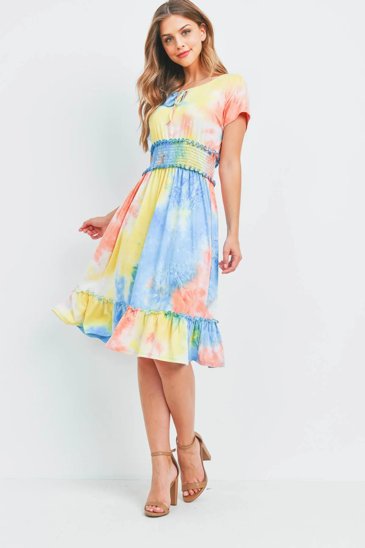Tie Dye Front Ribbon Smocked Waist Ruffle Hem Dress