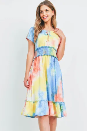 Tie Dye Front Ribbon Smocked Waist Ruffle Hem Dress