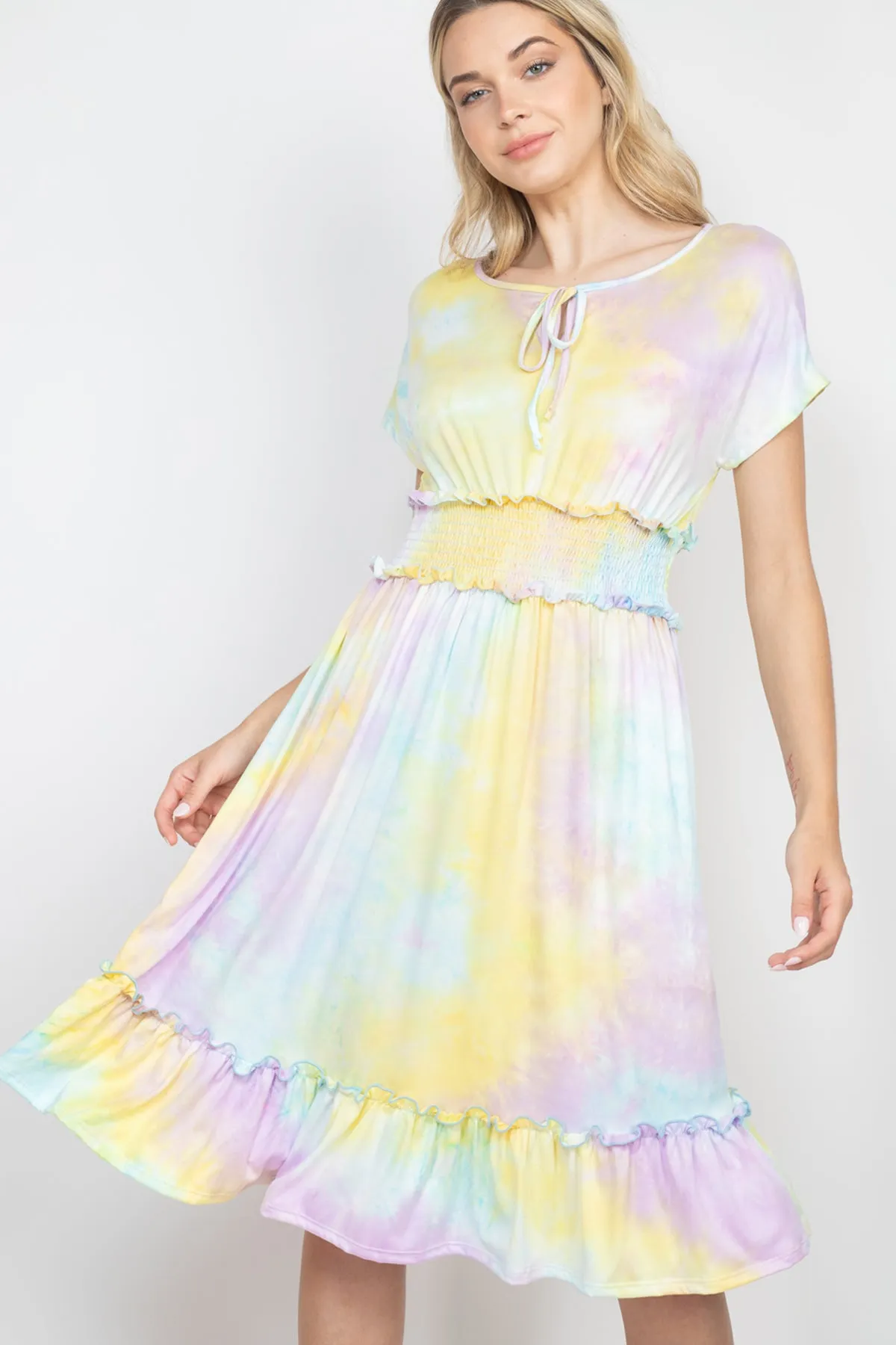 Tie Dye Front Ribbon Smocked Waist Ruffle Hem Dress