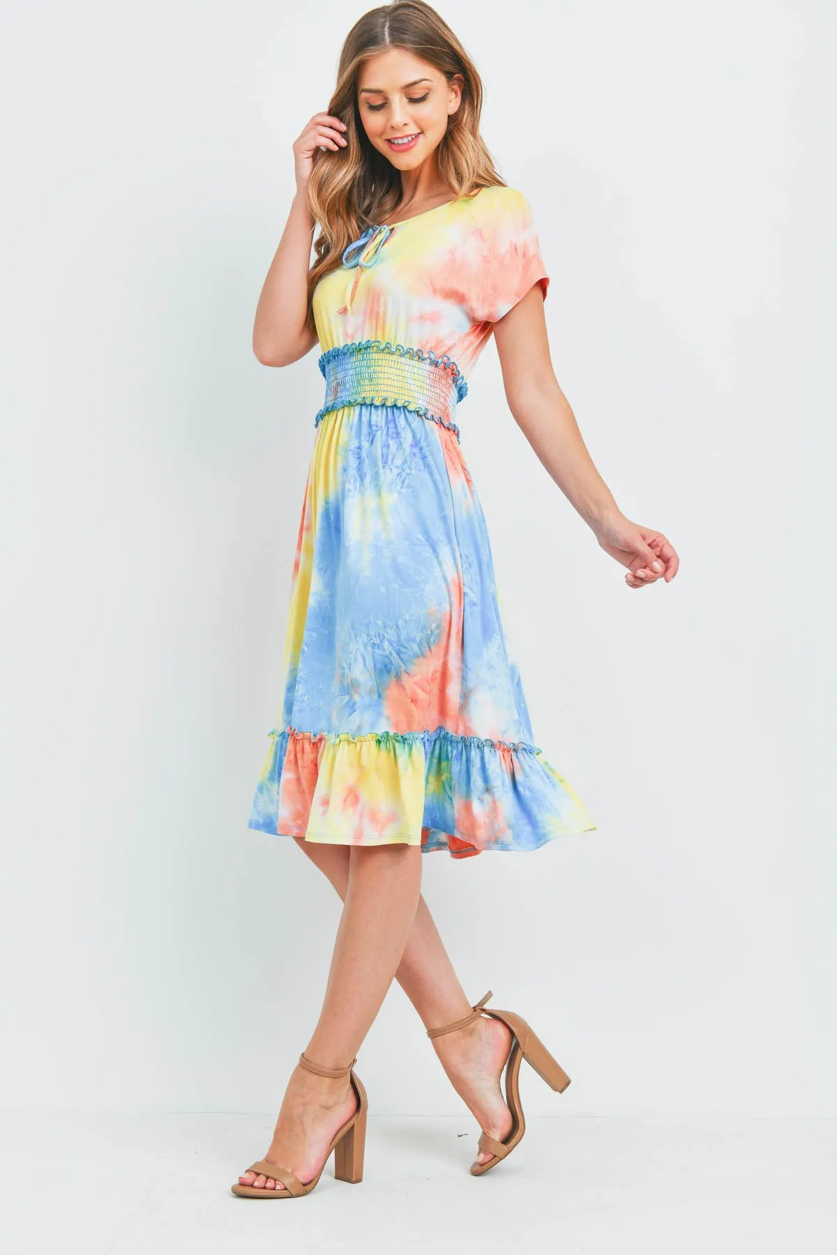 Tie Dye Front Ribbon Smocked Waist Ruffle Hem Dress