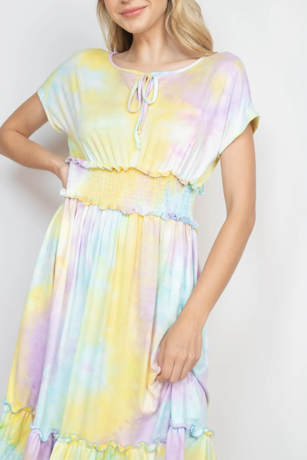 Tie Dye Front Ribbon Smocked Waist Ruffle Hem Dress