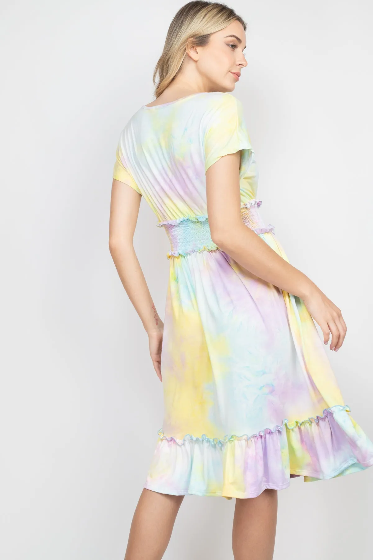 Tie Dye Front Ribbon Smocked Waist Ruffle Hem Dress