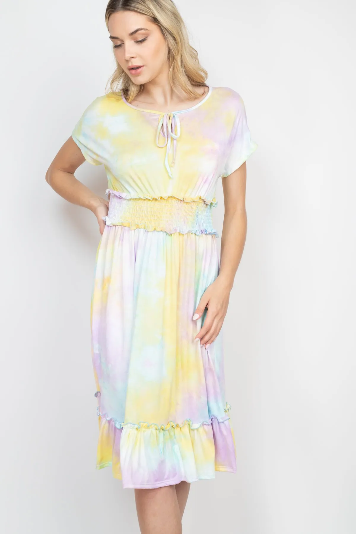 Tie Dye Front Ribbon Smocked Waist Ruffle Hem Dress