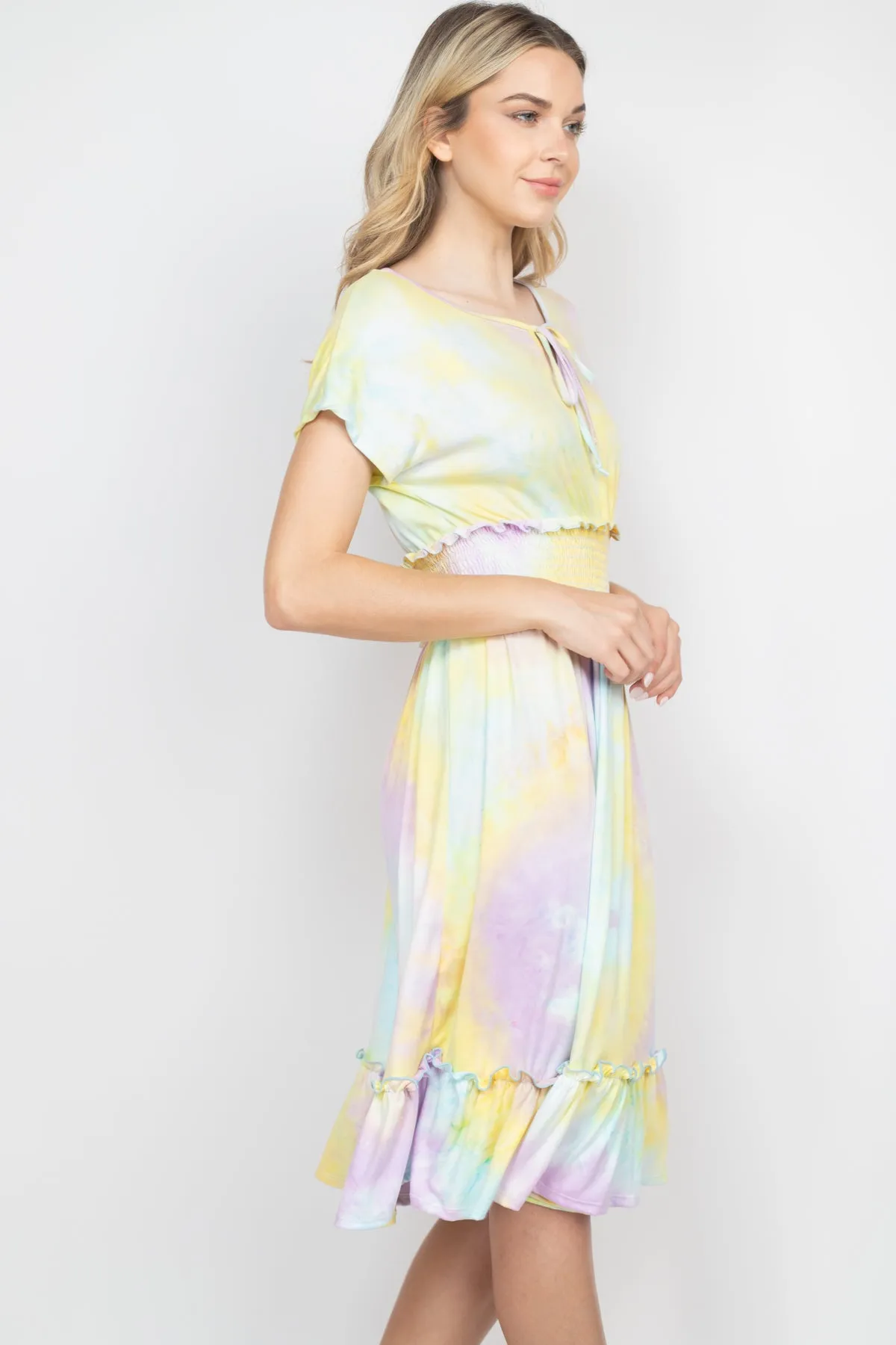 Tie Dye Front Ribbon Smocked Waist Ruffle Hem Dress