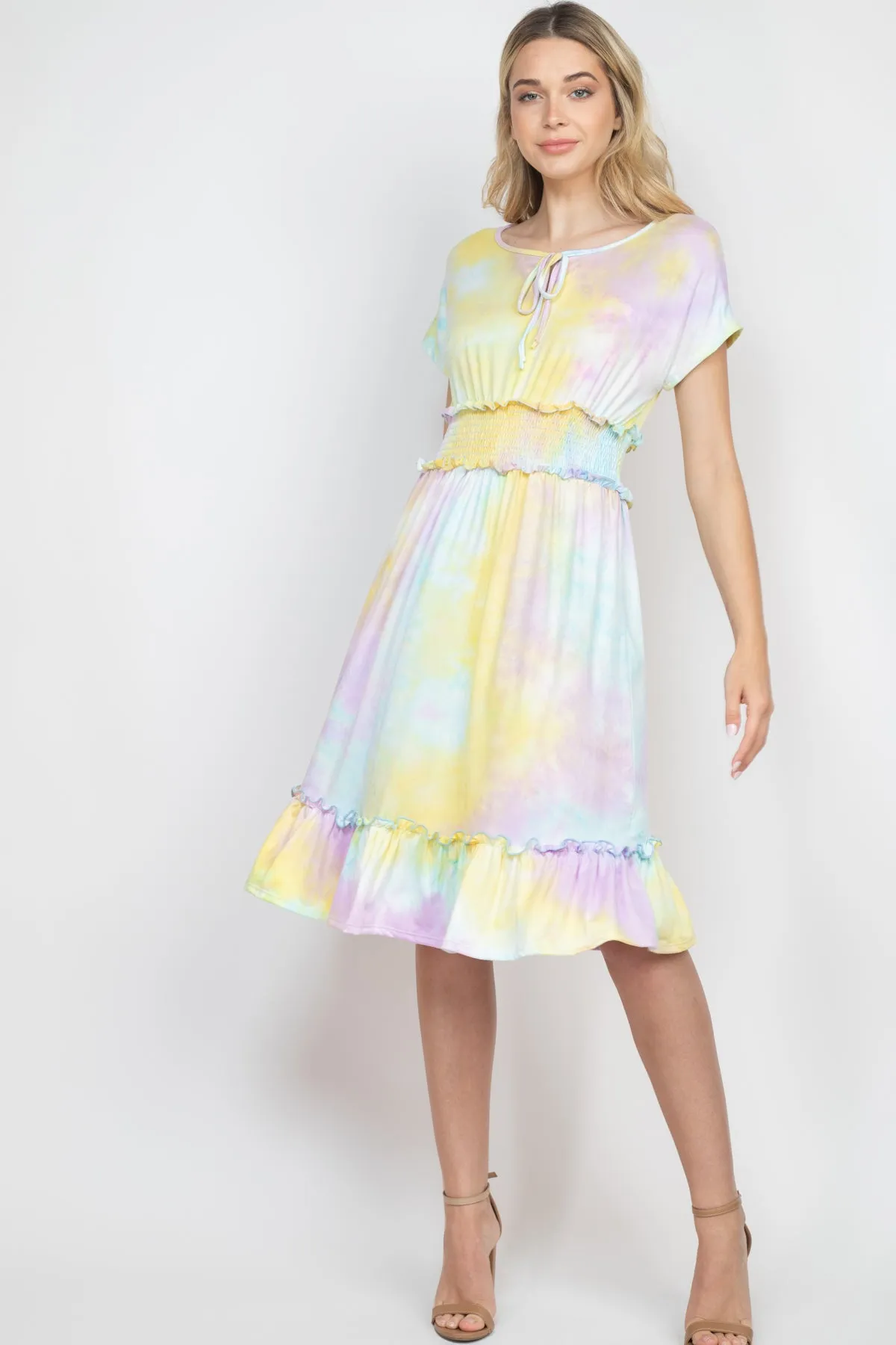 Tie Dye Front Ribbon Smocked Waist Ruffle Hem Dress