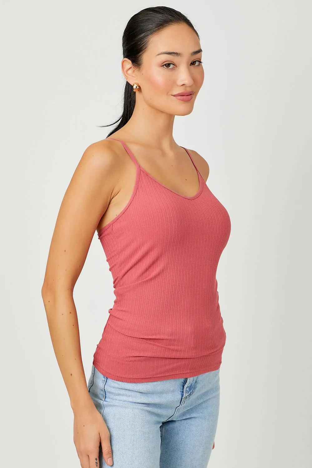 V Neck Ribbed Cami with Adjustable Straps Fashion Spring, Berry