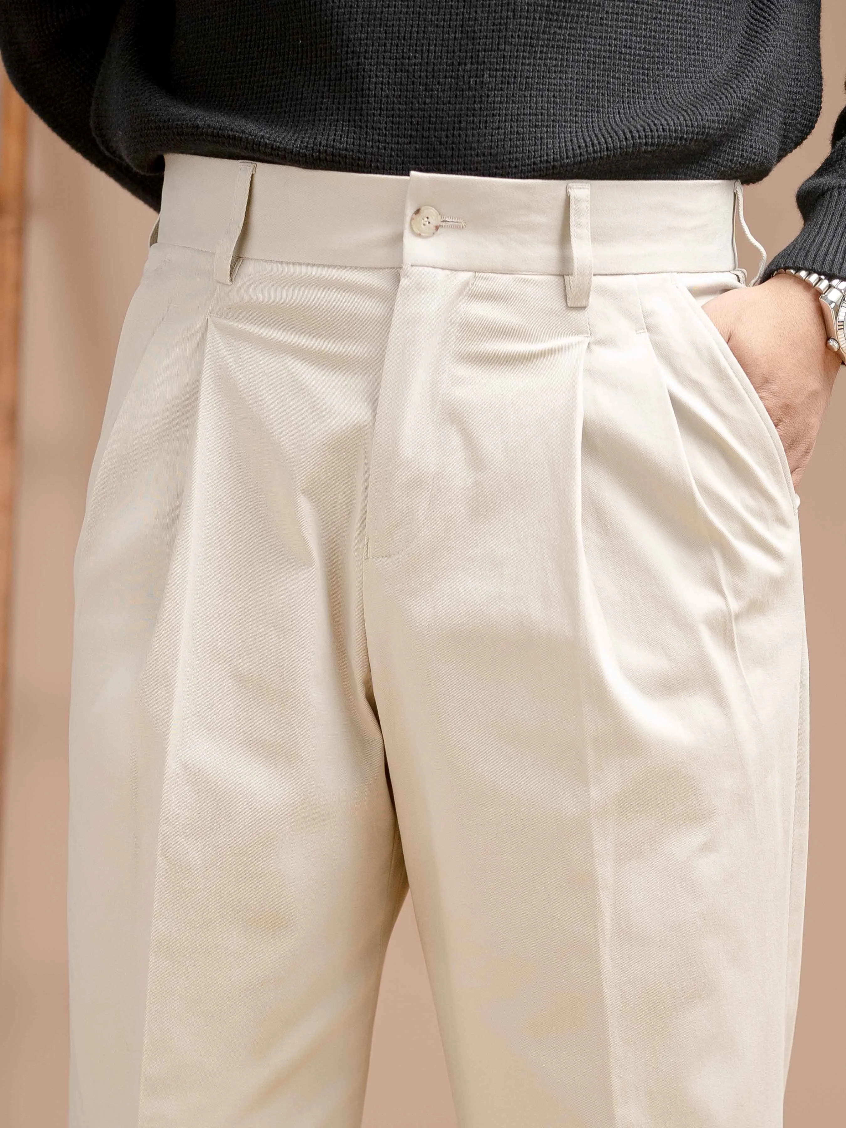 Venezia Pleated Trousers - Beige Apricot (Wide Fit)