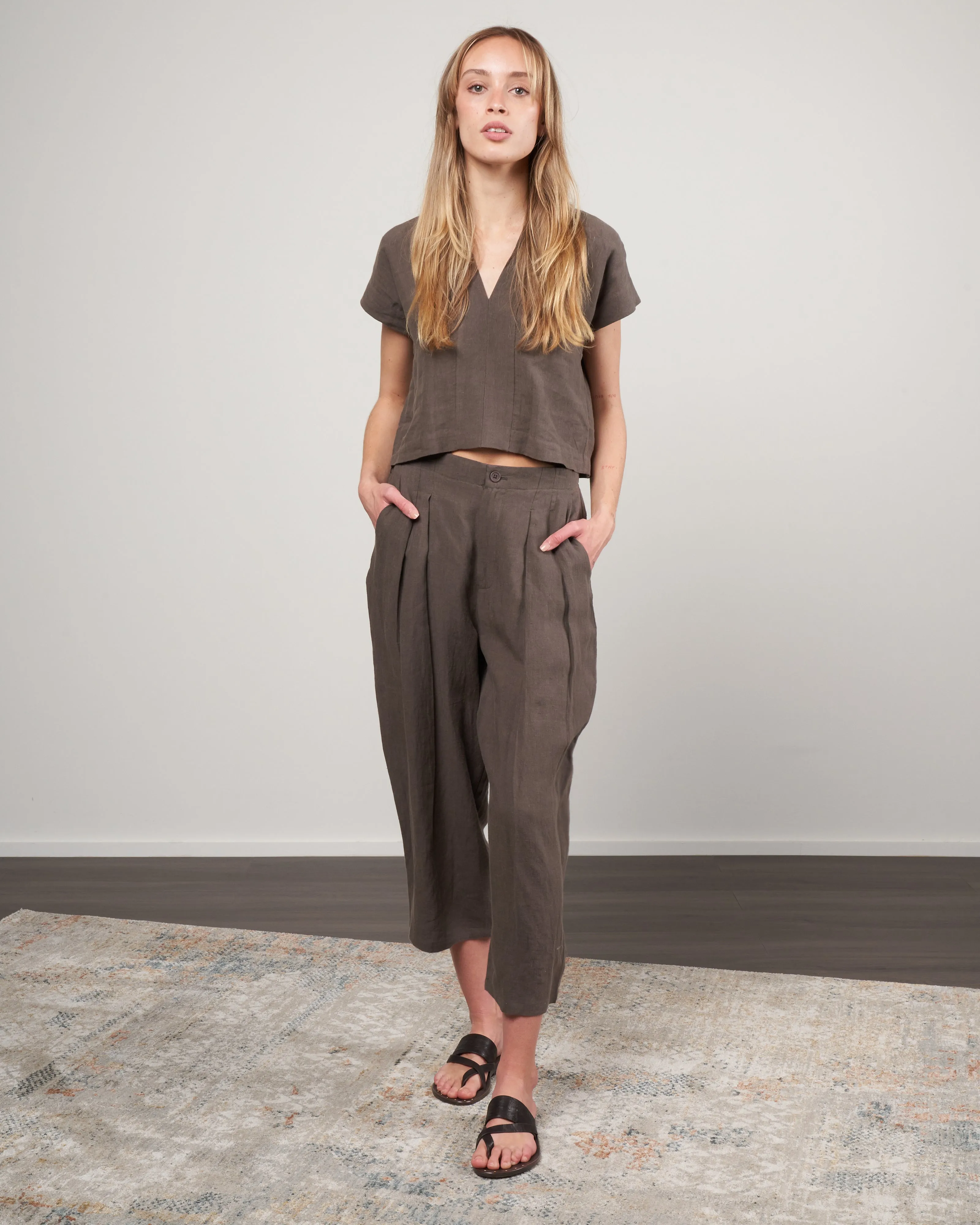 vneck panel top - dark oak