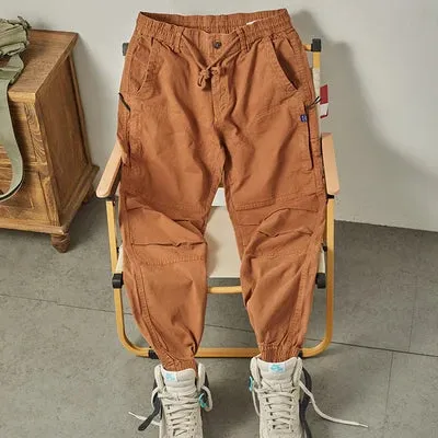 Washed Woven Cargo Pants - Men's Loose Casual Ankle-Tied Trousers in 97.5% Cotton