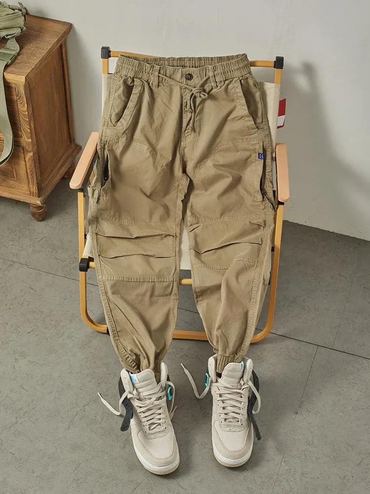 Washed Woven Cargo Pants - Men's Loose Casual Ankle-Tied Trousers in 97.5% Cotton