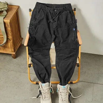Washed Woven Cargo Pants - Men's Loose Casual Ankle-Tied Trousers in 97.5% Cotton